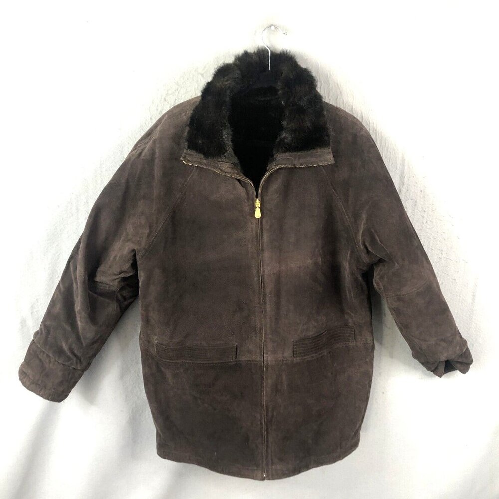 JLC Leather Jacket Womens M Brown Reversible Faux Mink Coat Mob Wife Old Money - Picture 2 of 16